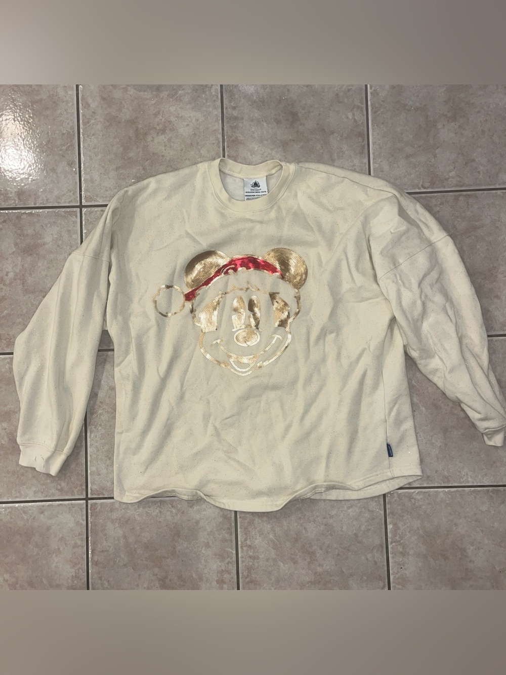Disney World Christmas Sequined Cream Gold Glitter Santa Mickey Spirit Jersey XL